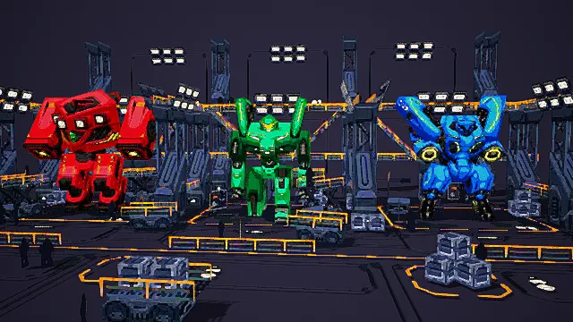 卡通风格3D机甲 hangar 场景模型，创意设计（卡通机甲 hangar、红色机甲、绿色机甲、蓝色机甲、工业机械结构）
