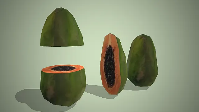 一组木瓜的3D模型，包含完整果实、对半切开和顶部切下的形态