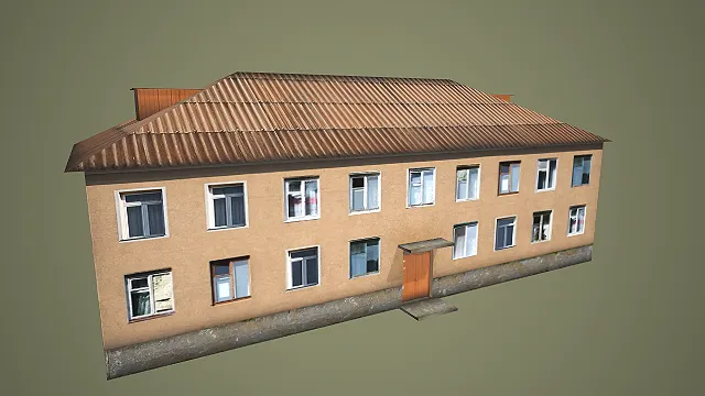 浅黄墙两层民居带金属屋顶木门 3D 模型