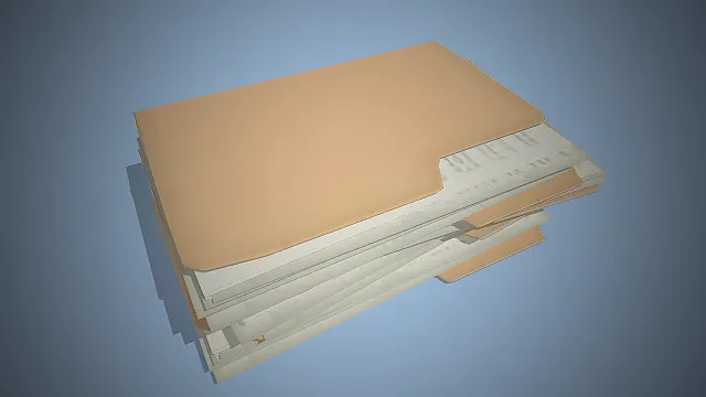 一堆带有标签的牛皮纸色的纸质文件夹的模型