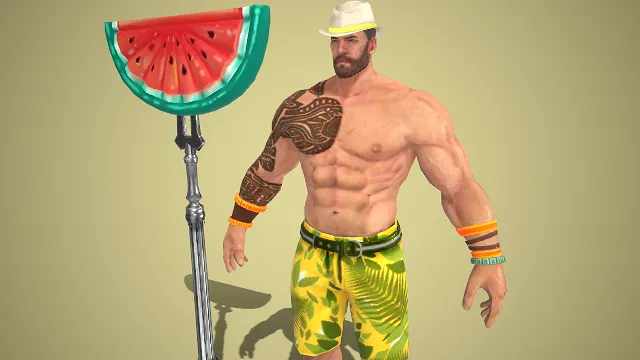 夏日海滩  游戏角色模型  战士  臂带纹身  度假休闲感  创意武器  趣味风格  