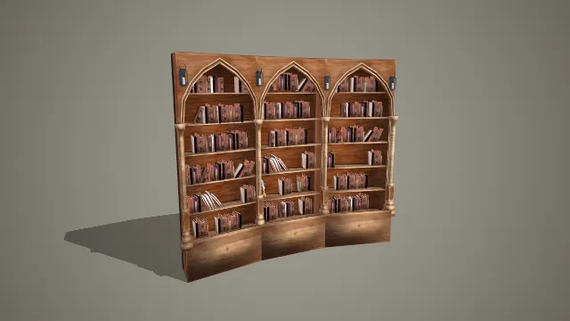 三联哥特式尖拱弧形木质书架带古籍与壁灯 3D 模型