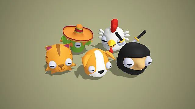 卡通趣味角色头 3D 模型合集 猫咪公鸡忍者道具资产