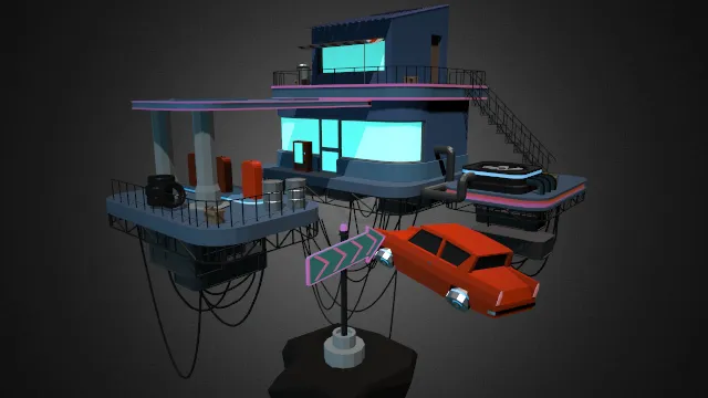 赛博朋克风格化建筑房屋场景加油站模型