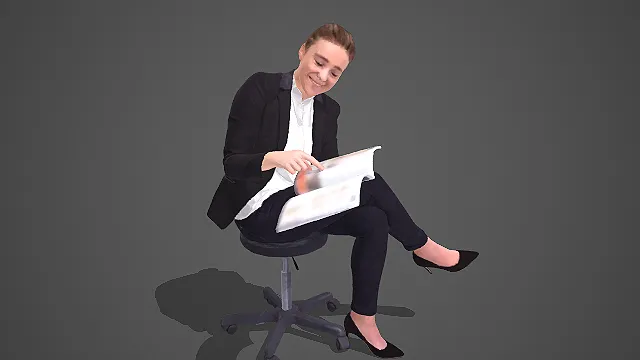 黑西装配黑裤女性坐姿阅文件职场人物 3D 模型