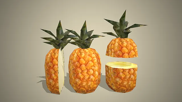 一组菠萝的3D模型，包含完整菠萝、半切菠萝和分段菠萝