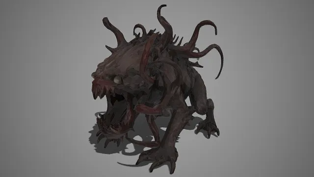 3D 怪物模型  暗褐  粗糙外壳质感  爬行动物  触手生物特征  獠牙