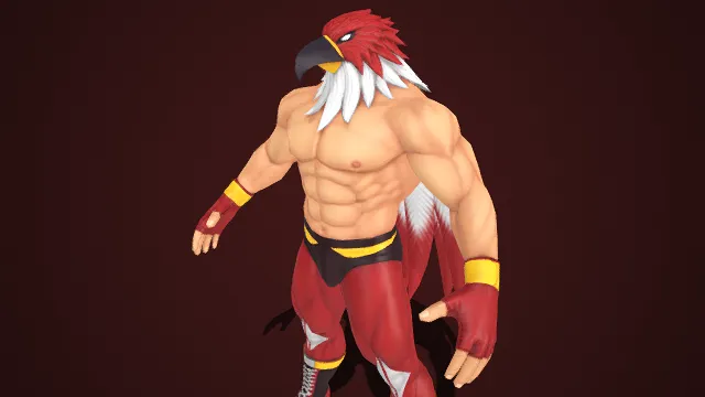 鹰首造型  壮硕肌肉  背附羽尾  凶悍锐利  格斗力量感  红装黄纹  野性  异兽题材