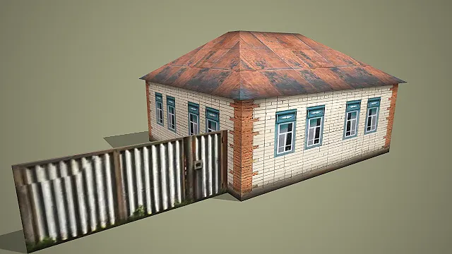 白墙蓝饰窗配锈顶及旧围栏的复古乡村平房建筑 3D 场景模型