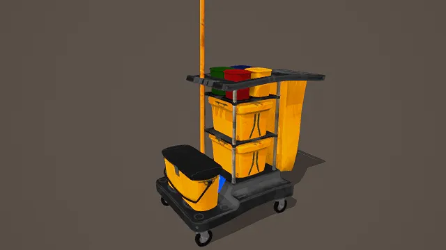 3D卡通风格黄黑彩系清洁推车模型，创意设计（3D推车、卡通风格、实用卡通风，物品设计主题）