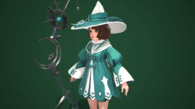 3D 游戏角色  精灵少女形象  宽檐巫帽  刺弓  清新  神秘俏皮