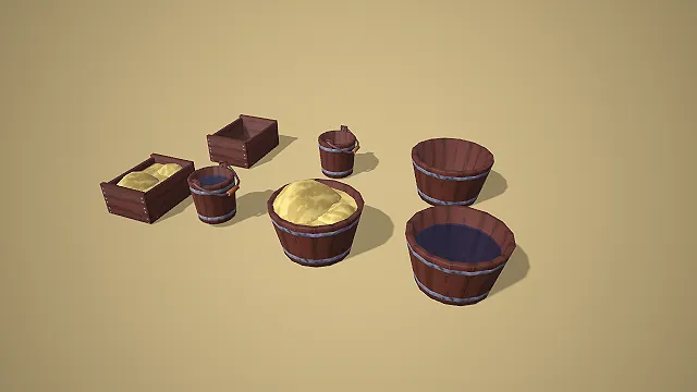 卡通风格多形态木桶与木盒组合 3D 低多边形场景装饰模型
