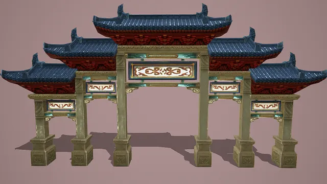 3D卡通风格中式牌坊模型，创意设计（3D物品、卡通风格、华丽雅致，文化主题，物品元素）
