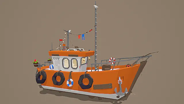 卡通风格橙色渔船3D模型