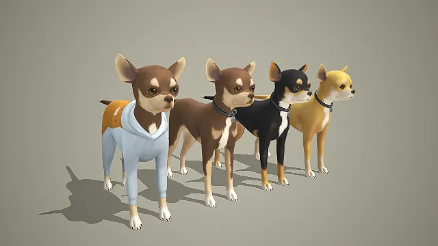 多色吉娃娃犬带服饰 3D 模型 迷你宠物犬角色素材合集