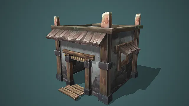 带木柱的老旧中式小屋低模