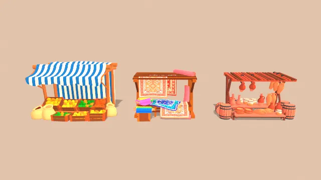 低多边形市场摊位水果食物货物