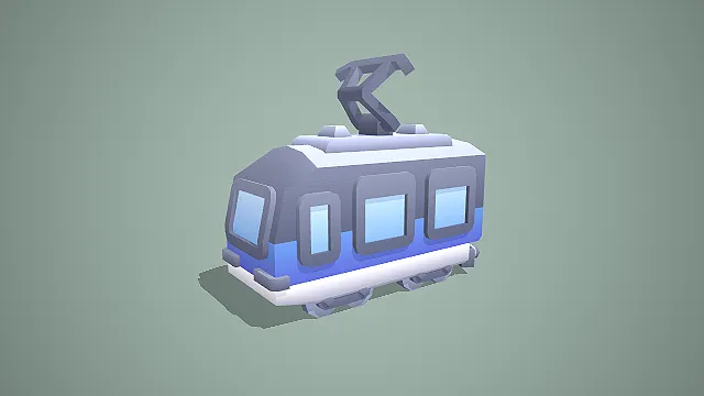 低多边形卡通蓝灰配色有轨电车车头 3D 模型 Q 版载具道具