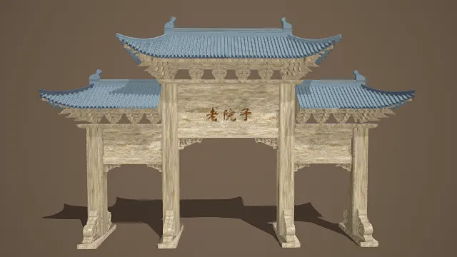 3D卡通风格中式牌坊模型，创意设计（3D物品、卡通风格、古朴雅致，文化主题，物品元素）