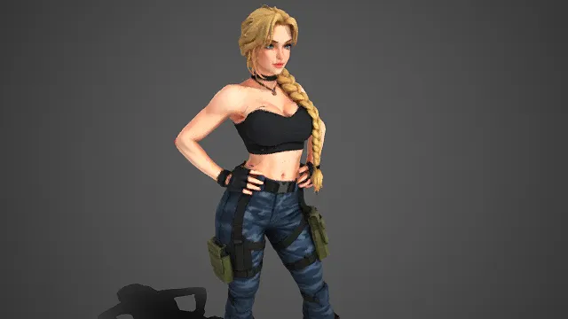 战斗风  女性 3D 角色模型  金发长辫  露脐装  迷彩纹牛仔裤  工装  健美身形