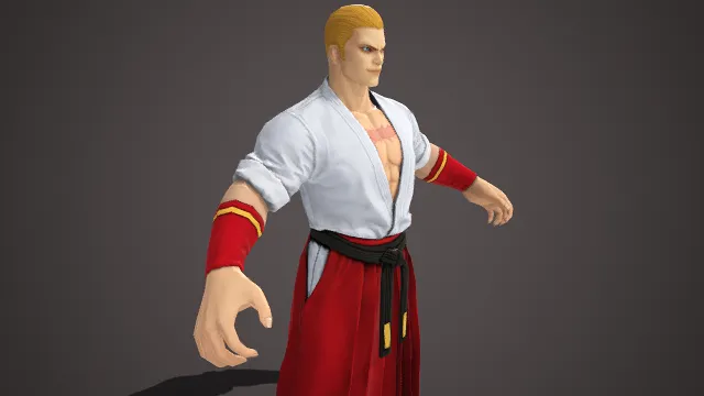 金发  传统武道风格  男性角色模型  白武道褂  红腕饰  力量感  武士题材