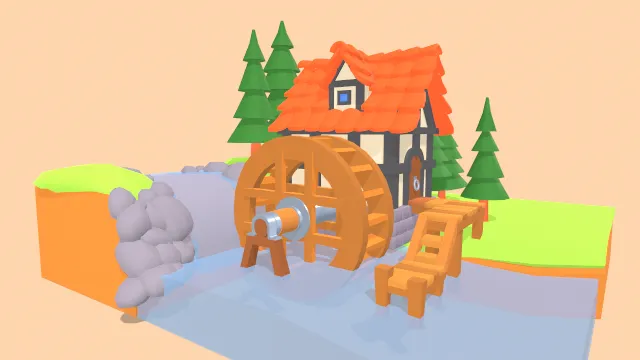 微缩模型河流水车木屋建筑场景树木