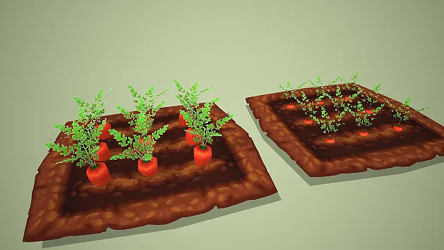 卡通两款胡萝卜菜地生长阶段 3D 模型 游戏农场种植道具资产