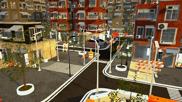 写实风格3D城市街道场景模型，创意设计（写实城市街道、3D模型、居民楼、街道设施、车辆、施工标识、独特环境 ）