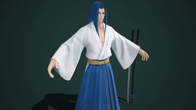 传统和风  剑客  游戏角色  飘逸蓝发  白蓝撞色  蓝纹袴裙  日式传统装束  双剑武器  古典韵味