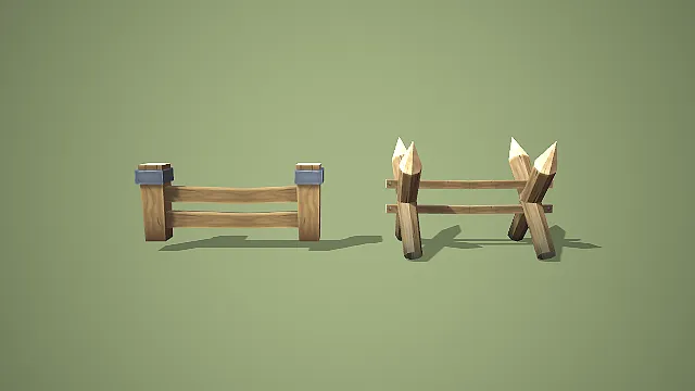 卡通风格双款式木栅栏组合 3D 低多边形场景装饰模型