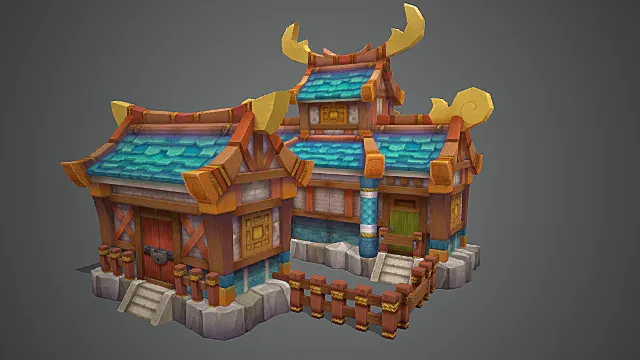  Q 版国风奇幻游戏灵韵部族工坊建筑模型