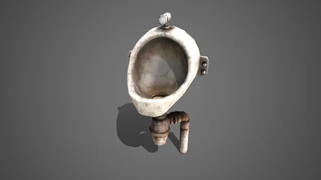 做旧风格  小便池  灰白脏污  壁挂式  陶瓷池体  老旧冲水开关  锈蚀金属管道