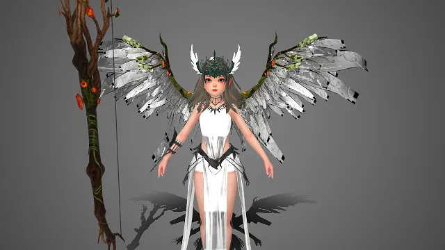 自然奇幻风格   3D 游戏角色  精灵少女  森系  自然元素  绿叶白羽头饰