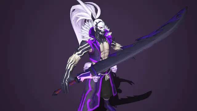 暗黑  妖异风格  剑客游戏角色  鬼面骷髅纹  尖刺披风  紫黑撞色  肌肉线条  长刀  武士装束  