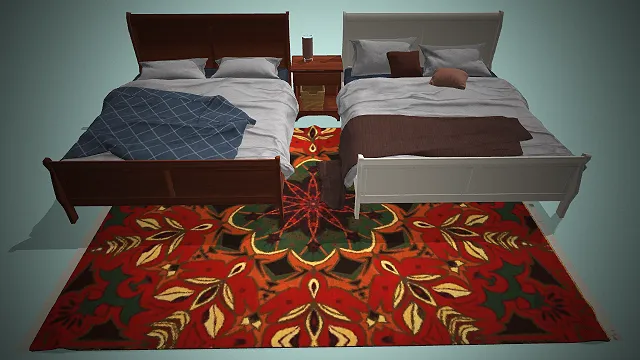 一个双床卧室场景的3D模型