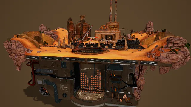 卡通风格3D工业工厂场景模型，创意设计（卡通工业工厂场景、3D模型、橙棕主色调、复古机械建筑、火车与轨道、沙漠地形）