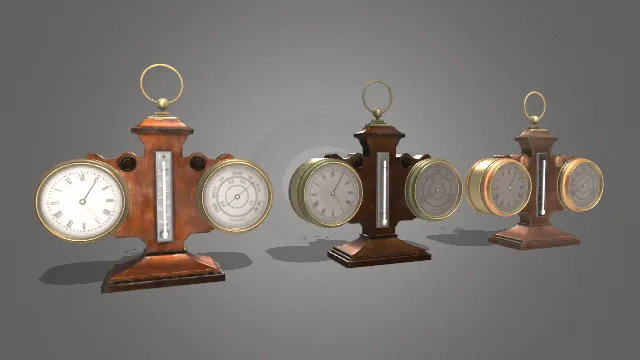 1800年代钟表气压计桌面套装木制摆件