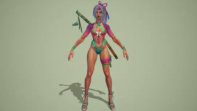 奇幻风格3D女武士角色模型，创意设计（奇幻女武士、3D模型、渐变色长发、和服风格服饰、武士刀、灰色背景、独特造型 ）