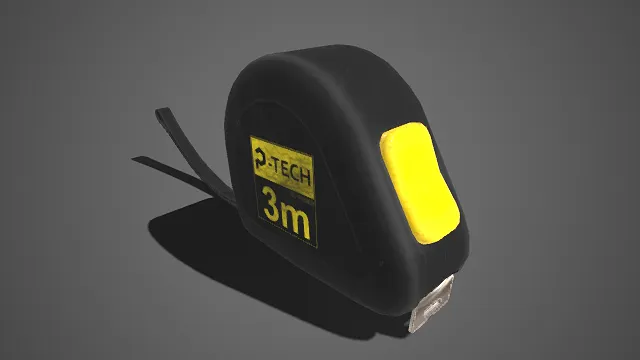 品牌卷尺  黑色塑料外壳  量程标识  黄色按键  测量工具  便携设计  实用性