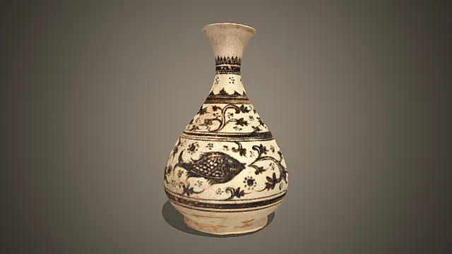 国风白地黑花鱼纹玉壶春瓶摆件 3D 模型