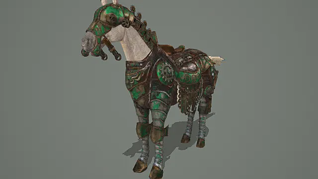 奇幻复古风格绿纹重甲战马模型