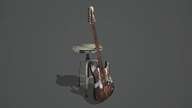 废土摇滚风格破旧电吉他模型