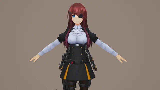 3D卡通风格黑橙白系酷飒女孩角色模型，创意设计（3D角色、卡通风格、酷飒军事风，角色设计主题）