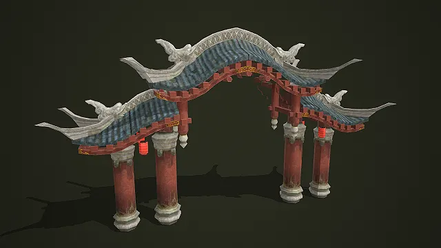 带红灯笼与翘角的中式古风牌坊大门