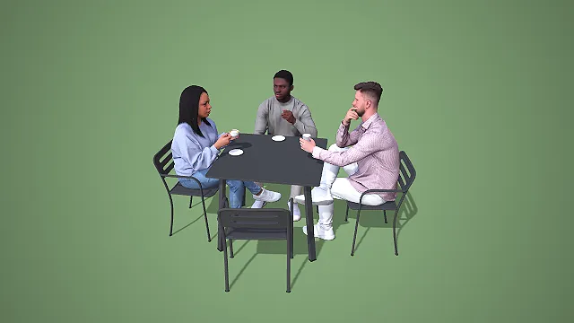 卡通风格三人围坐咖啡桌椅组合 3D 低多边形休闲场景装饰模型