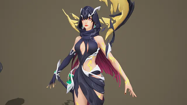3D奇幻风女性角色模型，创意设计（3D女性角色、奇幻风格、深紫色露肩长裙、紫粉渐变长发、游戏风、魔幻美学、角色设计感）