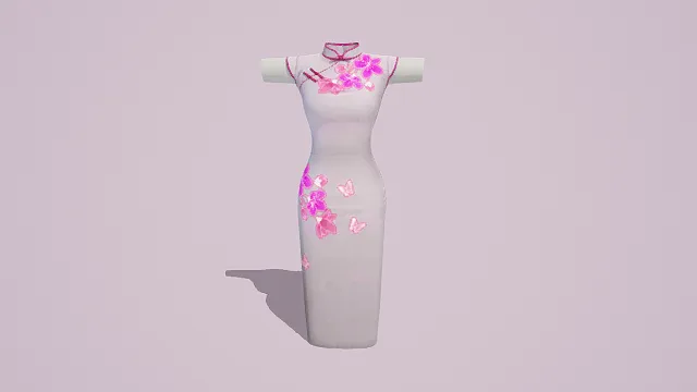 传统风格印花旗袍3D模型，优雅设计