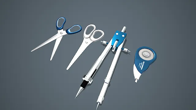 低模写实学习工具套装 3D 模型 剪刀圆规文具素材