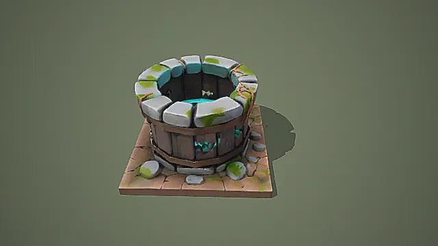 卡通风格复古石制水井场景3D模型