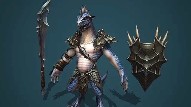 卡通 Q 版蓝鳞蜥蜴人战士配锯齿刀与尖刺盾 3D 游戏怪物模型